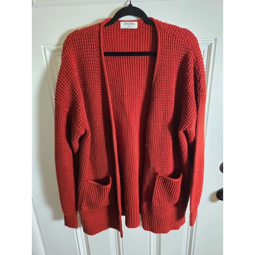 Zenana Womens XL Burnt Orange Waffle Knit Open Front Cardigan Sweater Pockets